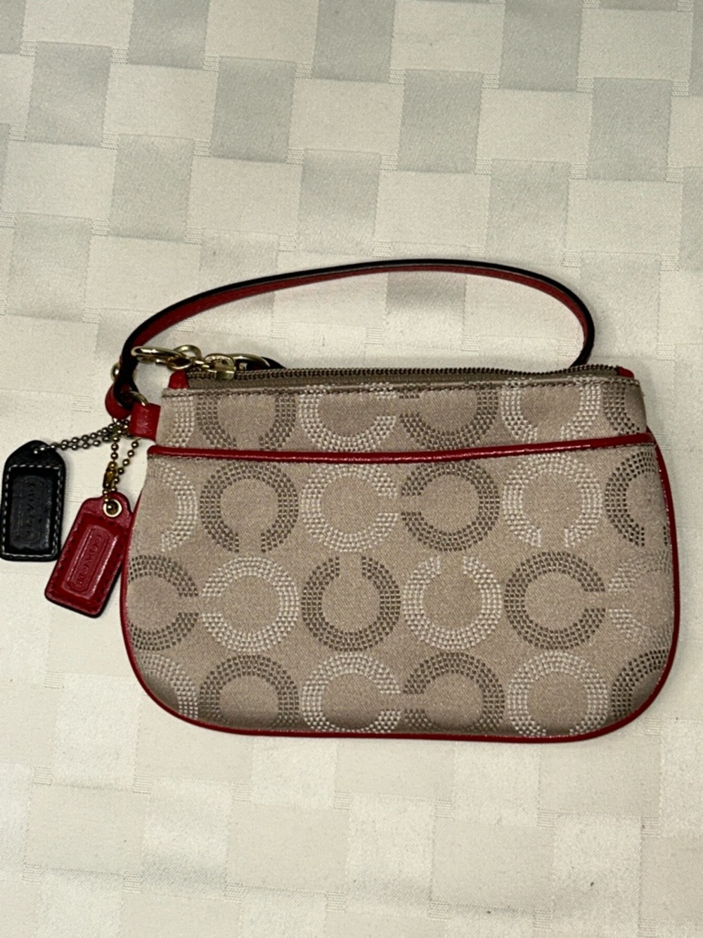 Coach Beige Signature Wristlet with Red Trim